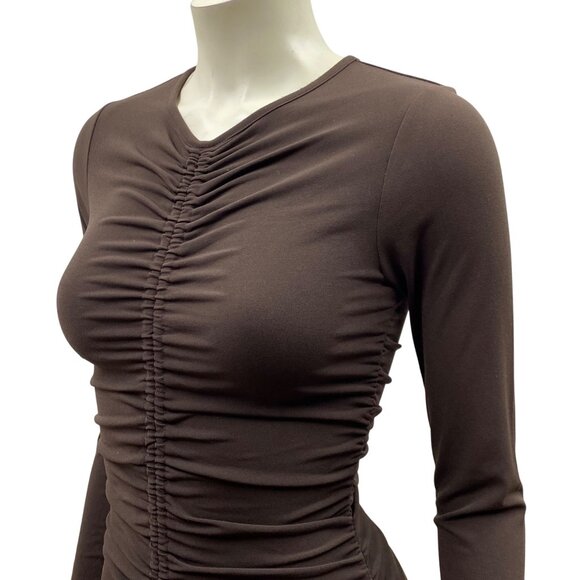 MICHAEL KORS $145 Brown Ruched Long Sleeve Midi‎ Dress With V-Neckline SM NWT - Picture 7 of 12